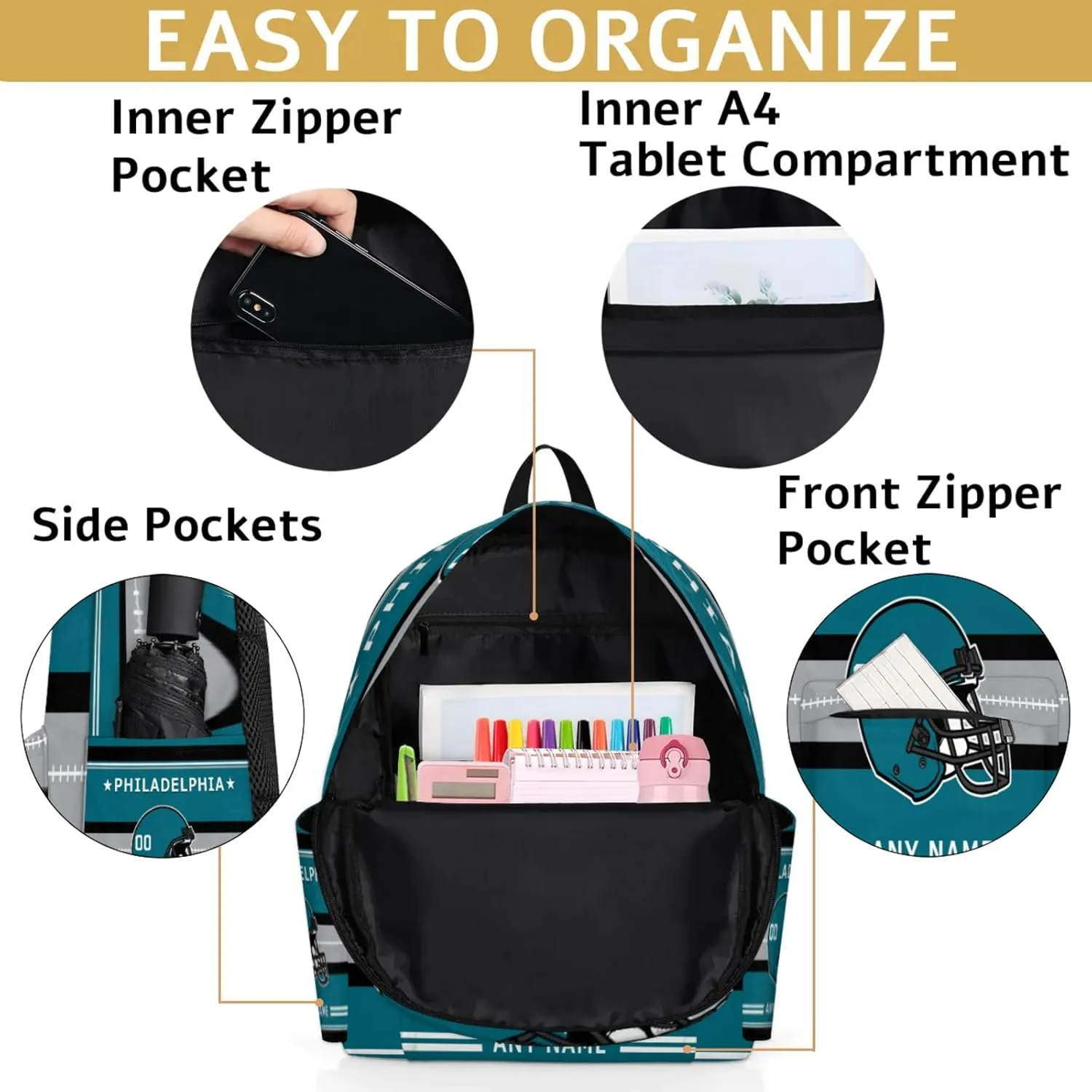 Personalized Rugby Backpack Bags with Name, American Football Custom Shoulder Bag