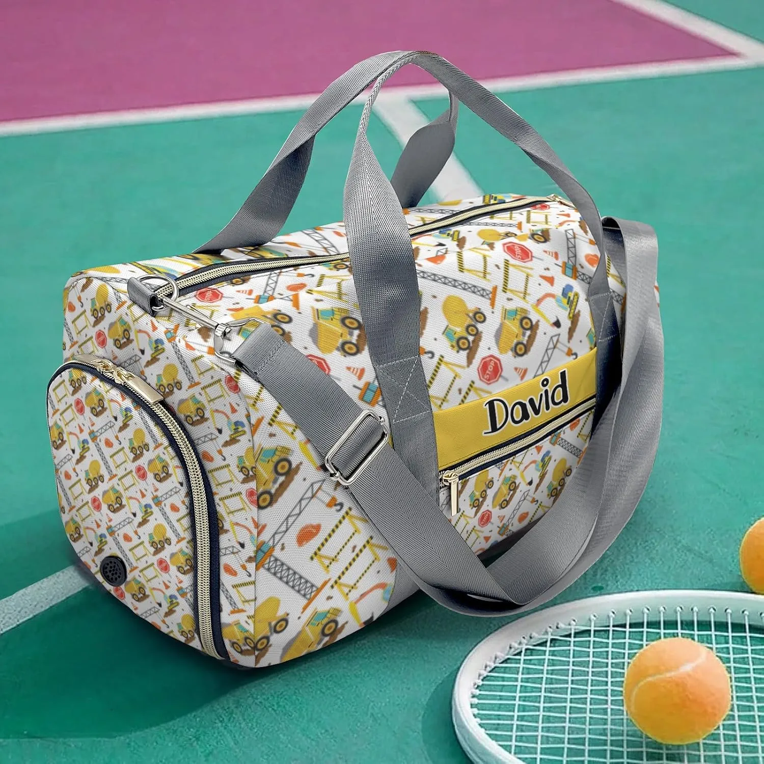 Personalized Sport Dance Bag,Construction Pattern Truck Diggers Crane Custom Duffle Bag Gym Bag Customized Travel Duffel Bag with Name or Text