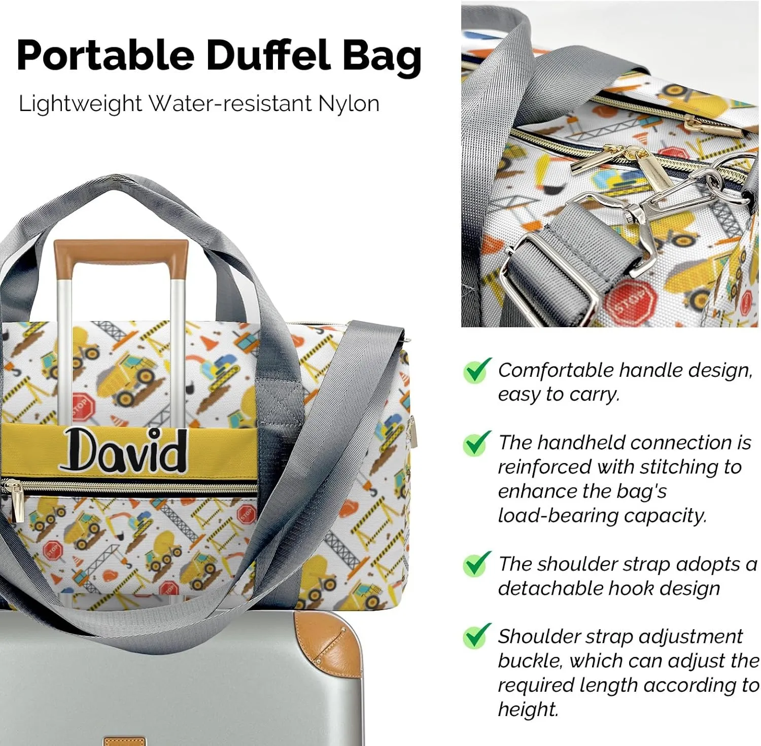 Personalized Sport Dance Bag,Construction Pattern Truck Diggers Crane Custom Duffle Bag Gym Bag Customized Travel Duffel Bag with Name or Text