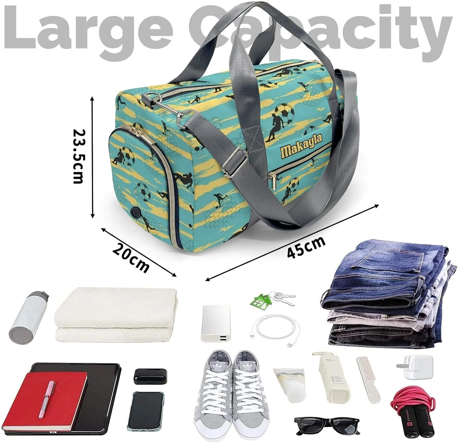 Personalized Sport Soccer Print Player Travel Bag Boys Girls Name,Travel Duffel Bag Cheerleader Bag Sport Duffle Bag for Gym