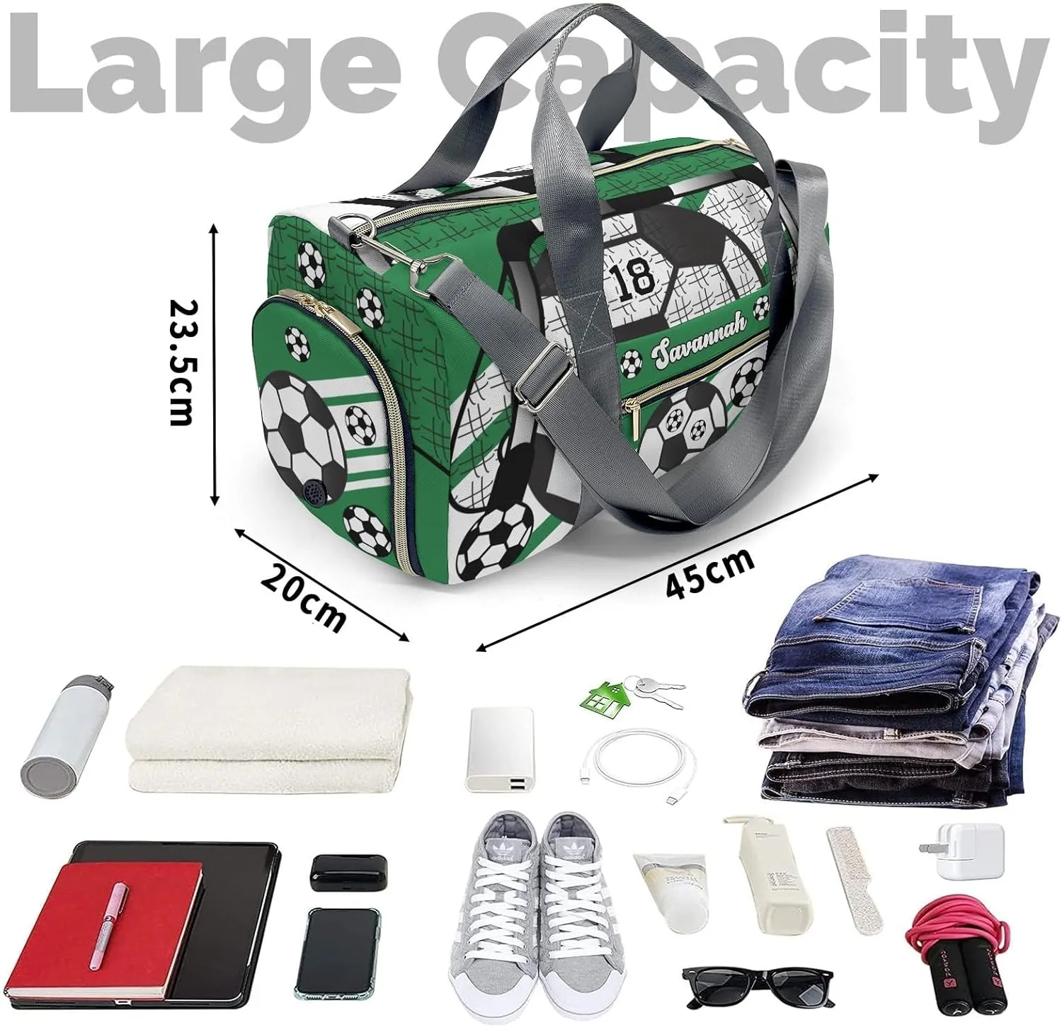 Personalized Sports Duffel Bags,Football Soccer Ball Number Forest Custom Kids Boys Girls Name,Lightweight Overnight Weekender Bag for Gymnastics Travel
