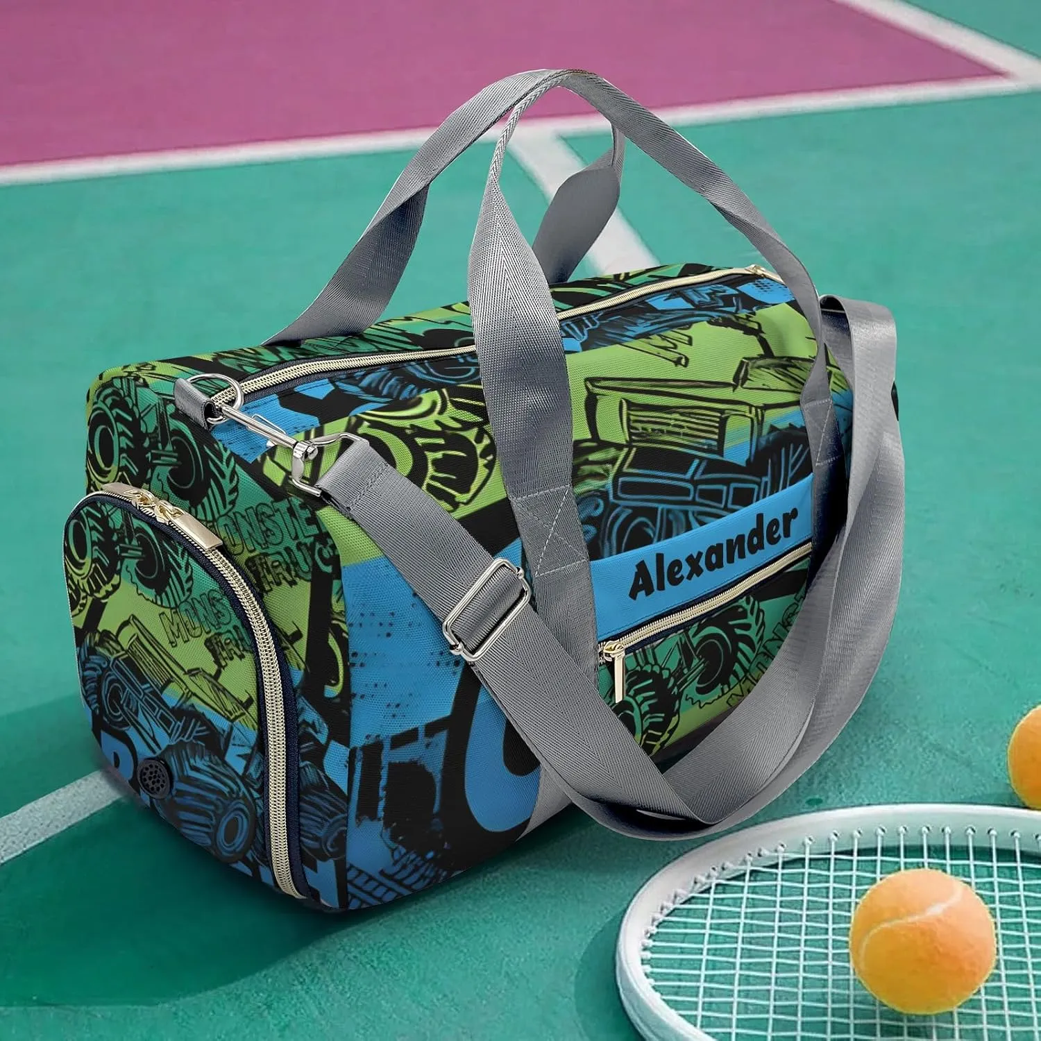 Personalized Sports Duffel Bags,Monster Cool FUN Truck Custom Kids Duffle Bag for Boys Girls with Name,Lightweight Overnight Weekender Bag for Gymnastics Travel
