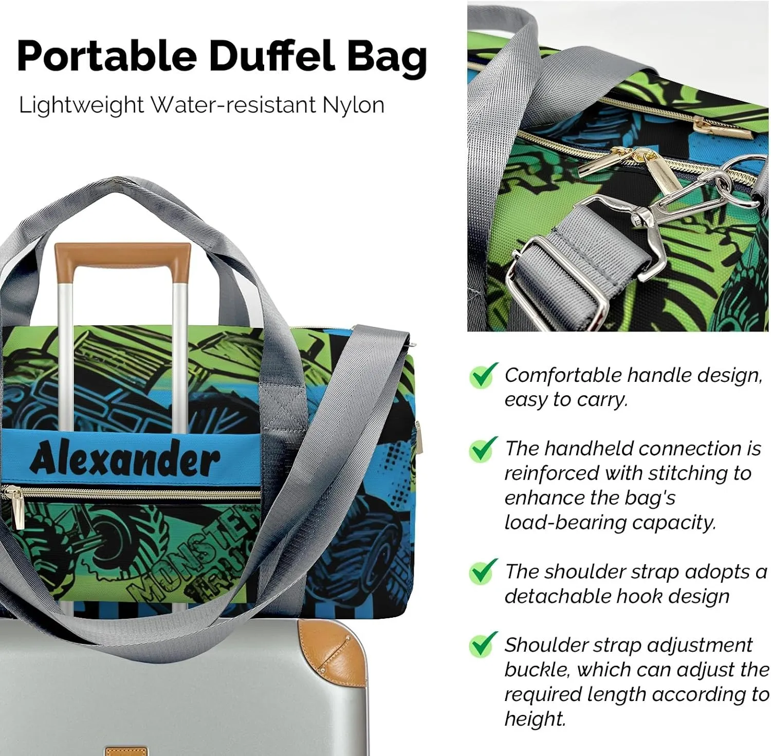 Personalized Sports Duffel Bags,Monster Cool FUN Truck Custom Kids Duffle Bag for Boys Girls with Name,Lightweight Overnight Weekender Bag for Gymnastics Travel