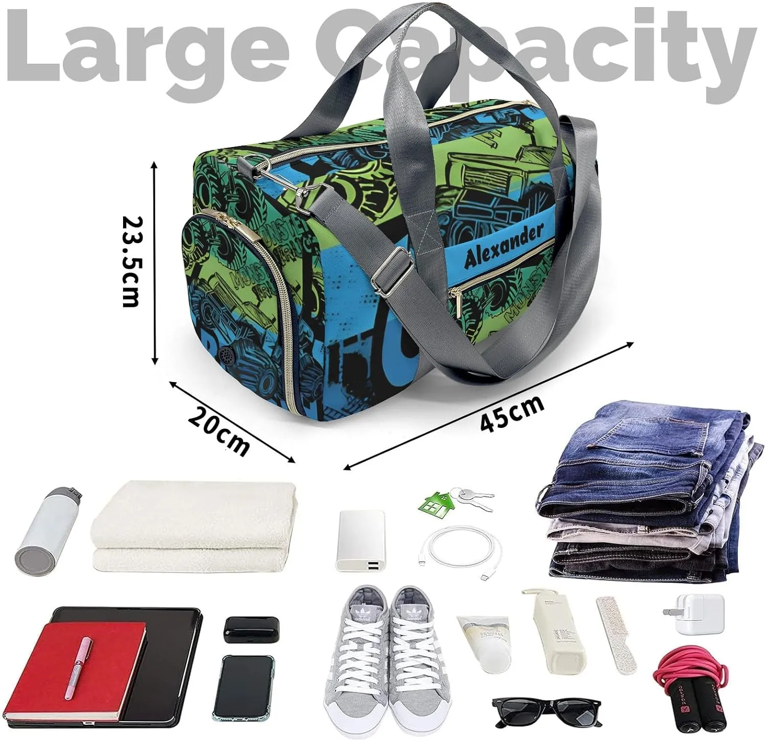 Personalized Sports Duffel Bags,Monster Cool FUN Truck Custom Kids Duffle Bag for Boys Girls with Name,Lightweight Overnight Weekender Bag for Gymnastics Travel
