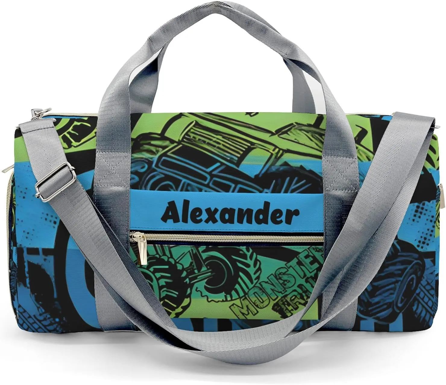 Personalized Sports Duffel Bags,Monster Cool FUN Truck Custom Kids Duffle Bag for Boys Girls with Name,Lightweight Overnight Weekender Bag for Gymnastics Travel