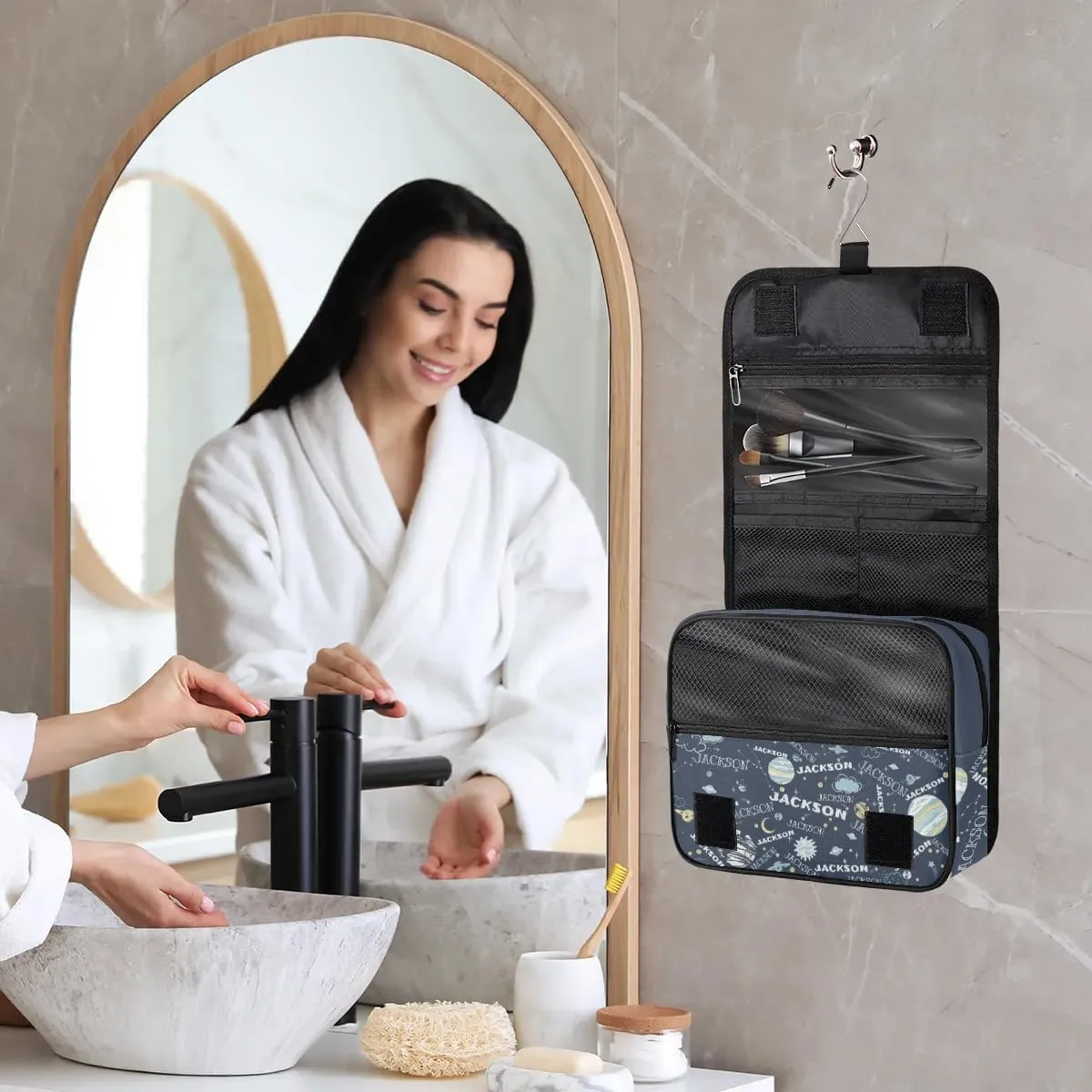 Personalized Travel Makeup Bag Cosmetic Bag for Woman Men,Custom Hanging Toiletry Makeup Bag with Handle Great DIY Gift for Boys and Girls Planet Clouds Moon