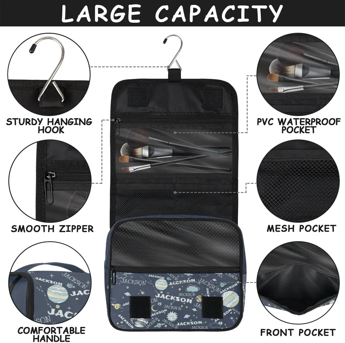 Personalized Travel Makeup Bag Cosmetic Bag for Woman Men,Custom Hanging Toiletry Makeup Bag with Handle Great DIY Gift for Boys and Girls Planet Clouds Moon