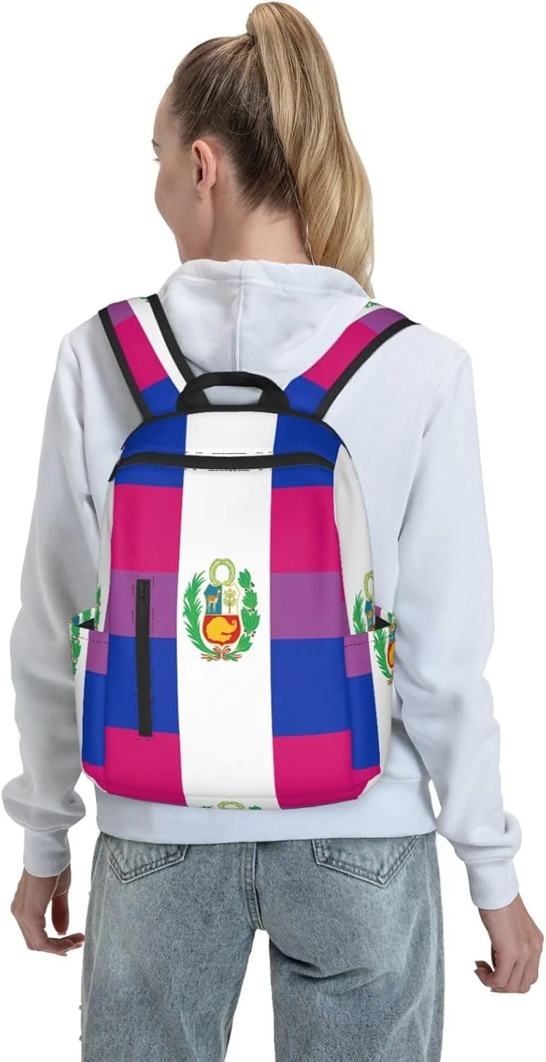 Peru Peruvian LGBT Rainbow Pride Flag Casual Laptop Backpack Travel Rucksack Sports Daypack Adjustable Strap Bags with Multi-Pockets for Working Running Camping
