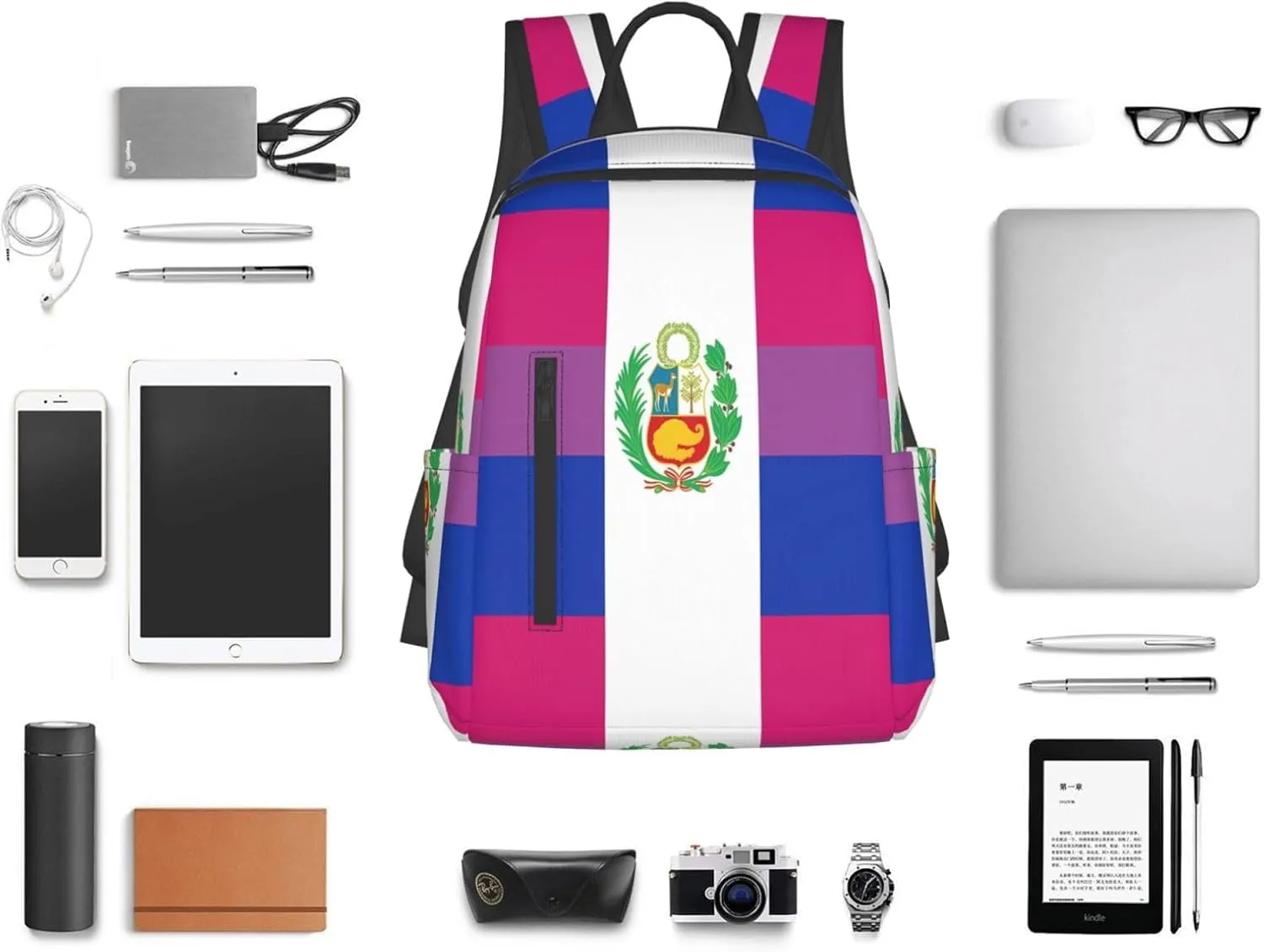 Peru Peruvian LGBT Rainbow Pride Flag Casual Laptop Backpack Travel Rucksack Sports Daypack Adjustable Strap Bags with Multi-Pockets for Working Running Camping