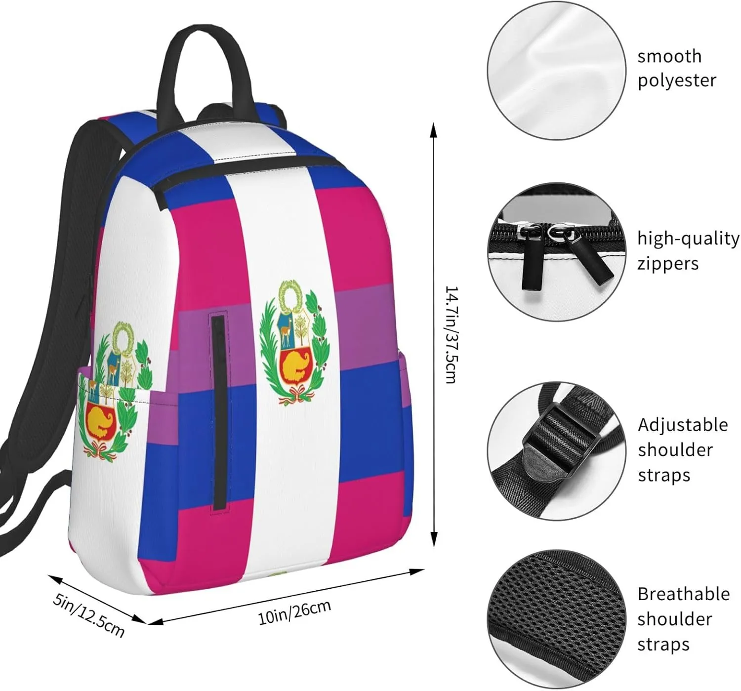 Peru Peruvian LGBT Rainbow Pride Flag Casual Laptop Backpack Travel Rucksack Sports Daypack Adjustable Strap Bags with Multi-Pockets for Working Running Camping
