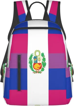 Peru Peruvian LGBT Rainbow Pride Flag Casual Laptop Backpack Travel Rucksack Sports Daypack Adjustable Strap Bags with Multi-Pockets for Working Running Camping
