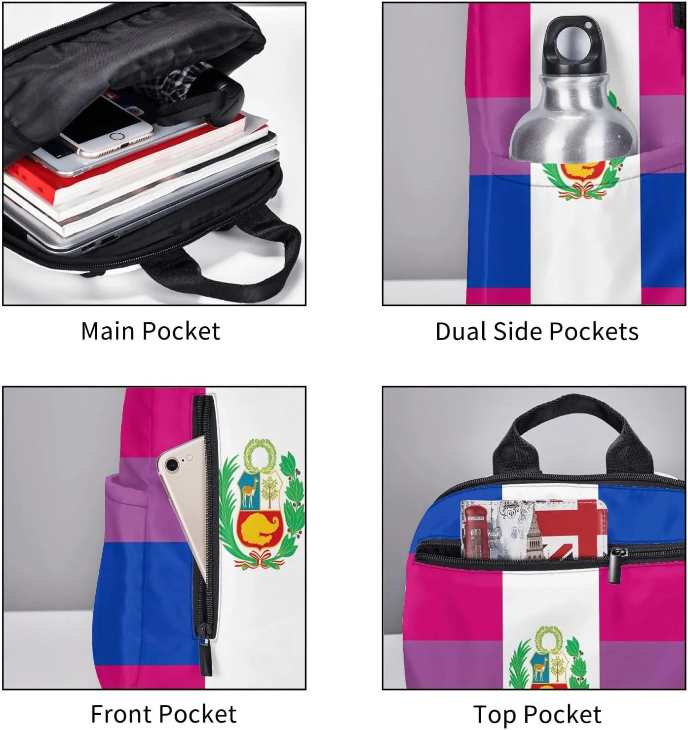 Peru Peruvian LGBT Rainbow Pride Flag Casual Laptop Backpack Travel Rucksack Sports Daypack Adjustable Strap Bags with Multi-Pockets for Working Running Camping
