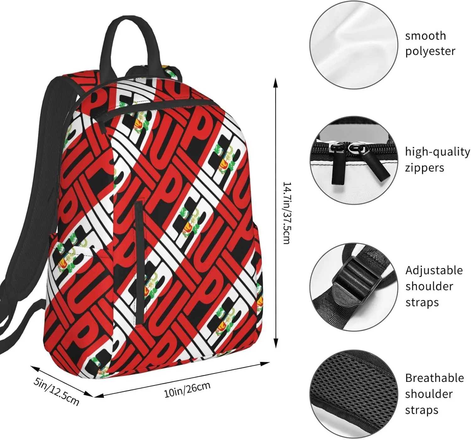 Peruvian Peru Flag Casual Laptop Backpack Travel Rucksack Sports Daypack Adjustable Strap Bags with Multi-Pockets for Working Running Camping