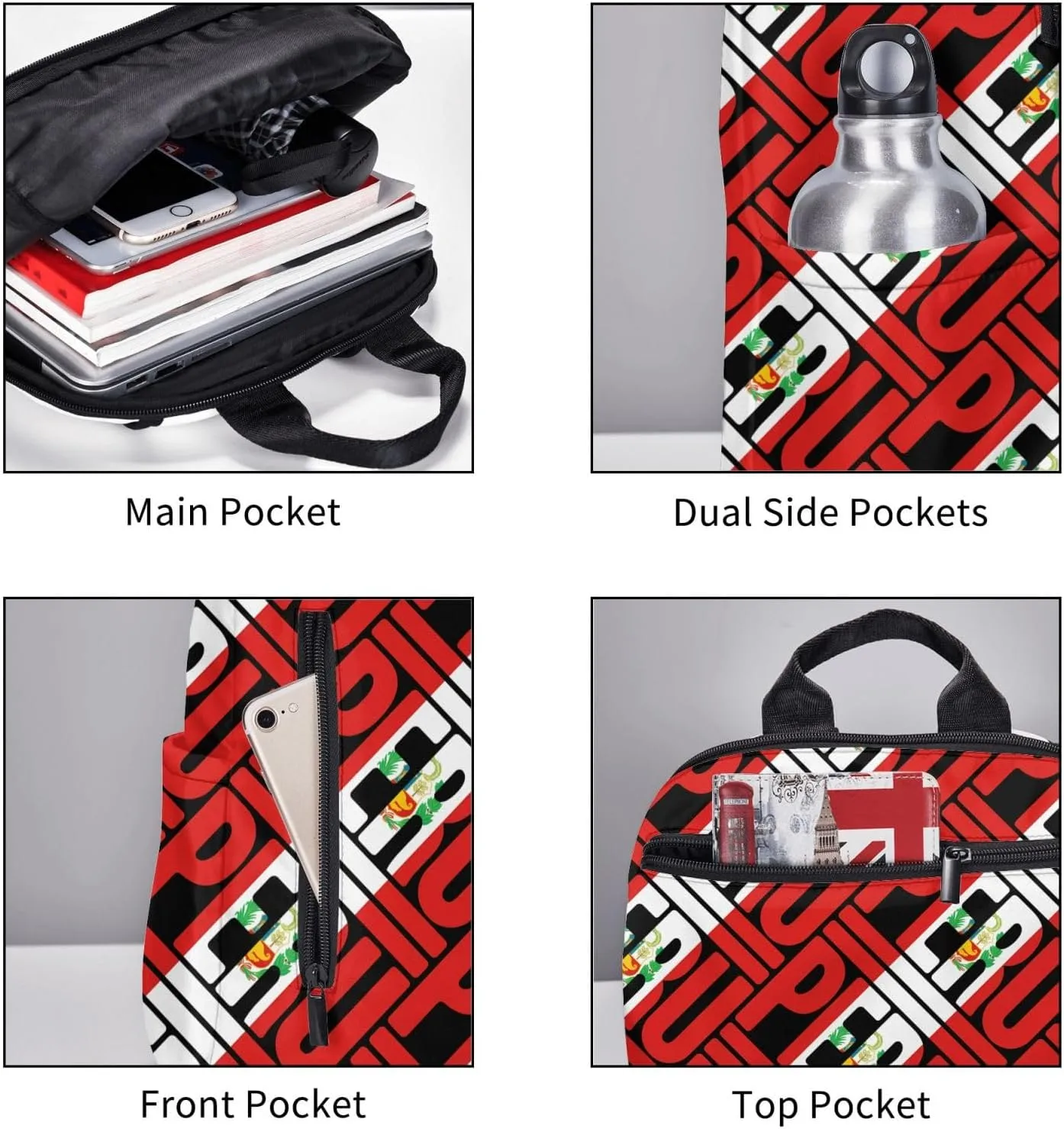 Peruvian Peru Flag Casual Laptop Backpack Travel Rucksack Sports Daypack Adjustable Strap Bags with Multi-Pockets for Working Running Camping