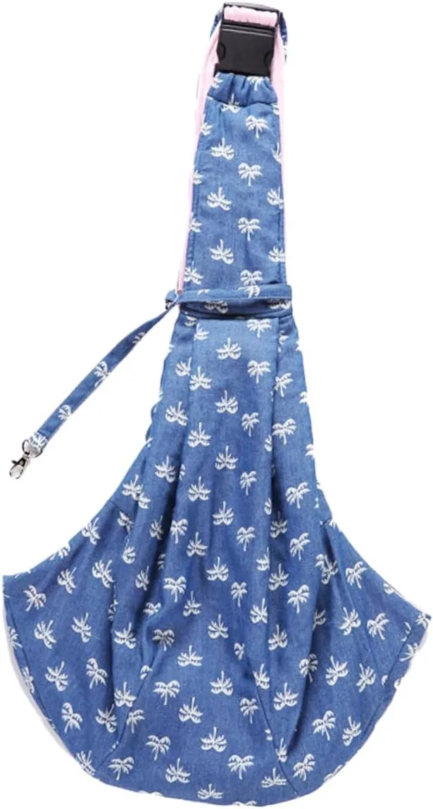 Pet Crossbody Bag Breathable Sling Carrier with Coconut Tree Pattern for Dogs Comfortable Shoulder Pet Pouch for Hiking Walking Traveling Hands Design Blue
