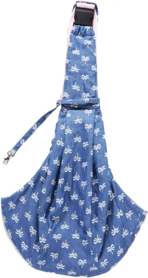 Pet Crossbody Bag Breathable Sling Carrier with Coconut Tree Pattern for Dogs Comfortable Shoulder Pet Pouch for Hiking Walking Traveling Hands Design Blue