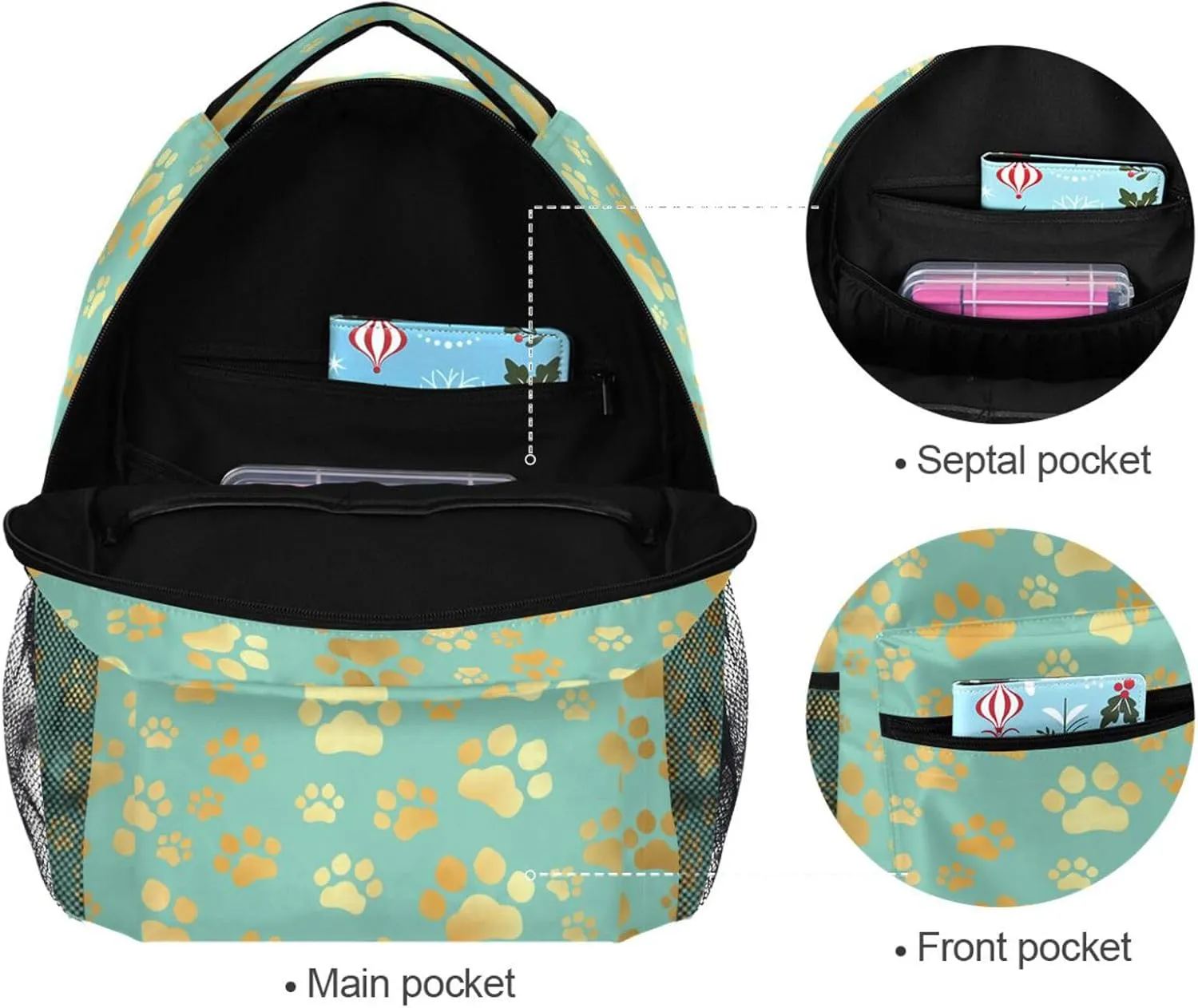 Pfrewn Custom Backpacks Personalized Paw Print Dog Cat Teal Bookbag with Name Boys Girls School Backpack 16"