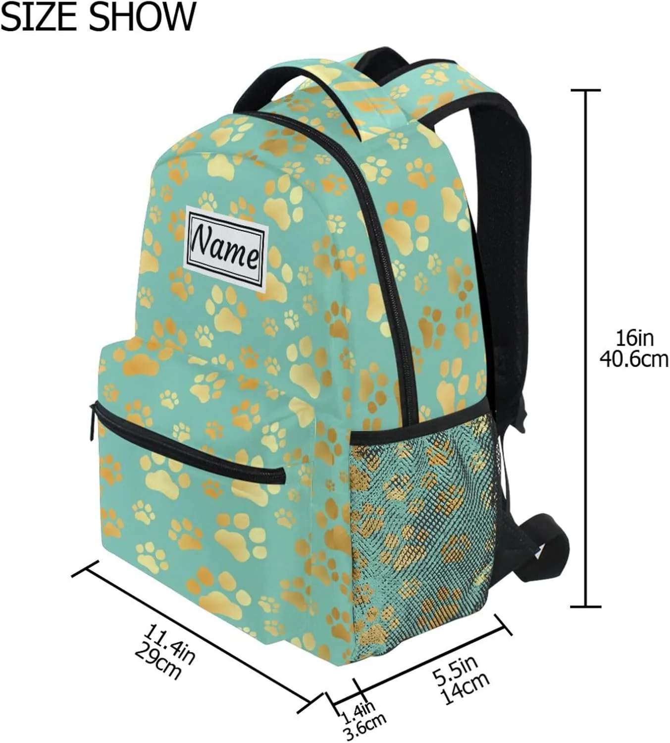 Pfrewn Custom Backpacks Personalized Paw Print Dog Cat Teal Bookbag with Name Boys Girls School Backpack 16"