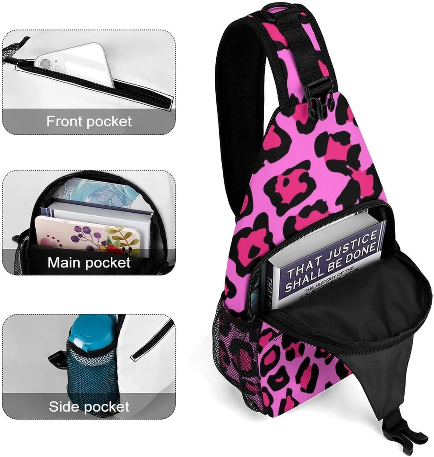 Pink Leopard Pattern Sling Backpack Mens Womans Crossbody Backpack Chest Bag Gym Daypack Travel Bag Casual Daypacks Outdoor Backpacks
