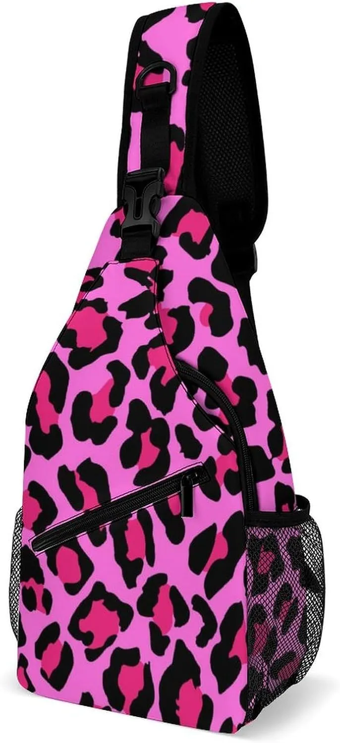 Pink Leopard Pattern Sling Backpack Mens Womans Crossbody Backpack Chest Bag Gym Daypack Travel Bag Casual Daypacks Outdoor Backpacks