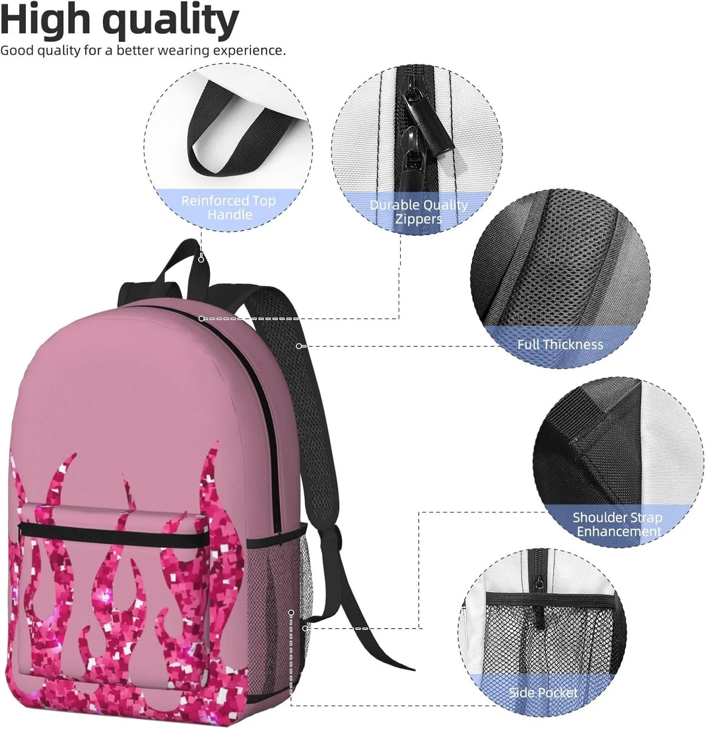 Pinks Glitter Flames 17 Inch Backpacks Multipurpose Laptop Backpack Double Shoulder Bag for Men Women Gifts