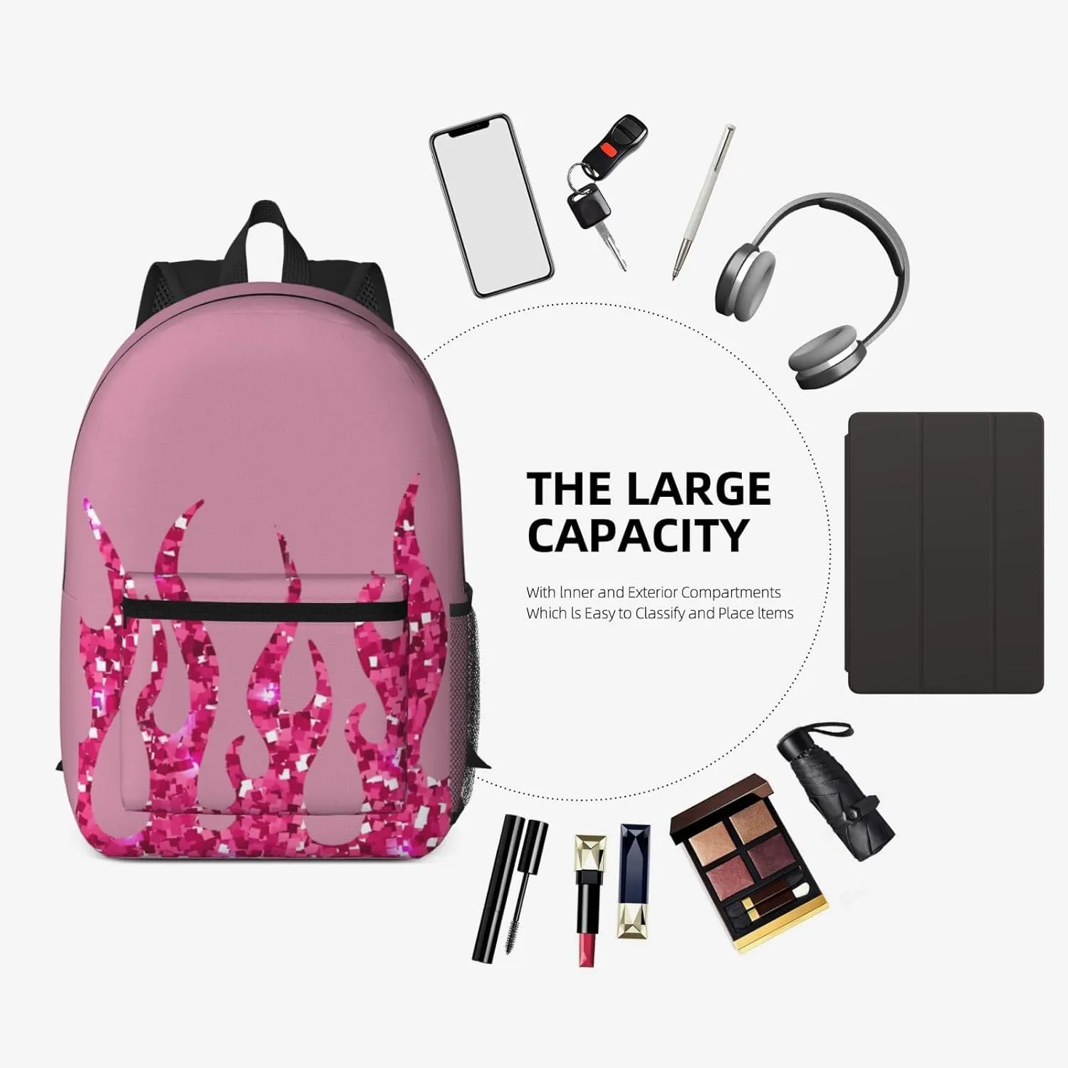 Pinks Glitter Flames 17 Inch Backpacks Multipurpose Laptop Backpack Double Shoulder Bag for Men Women Gifts