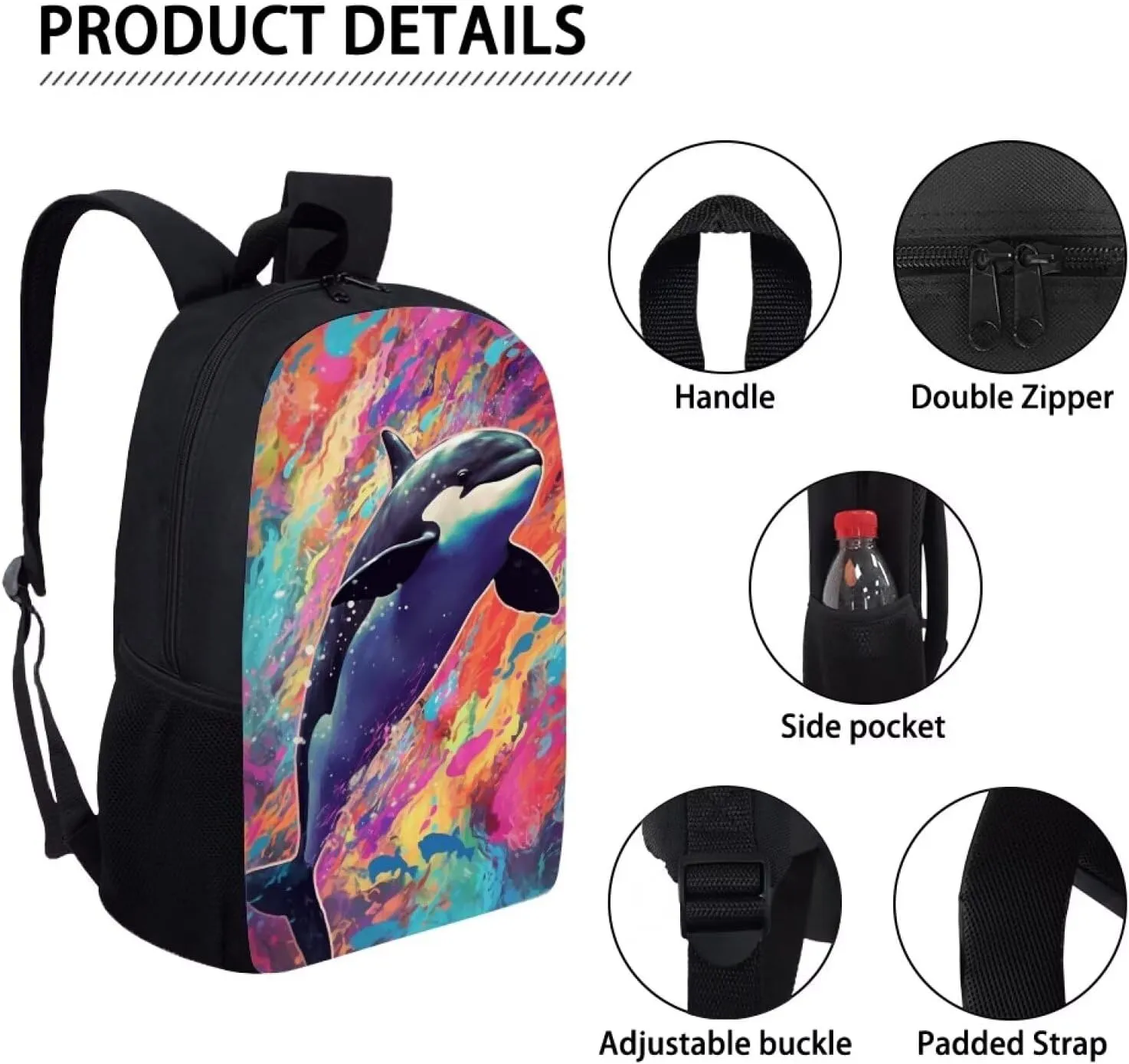 PinUp Angel Colorful Sky Orca School Bag For Kids Backpack Cool Magical Animal Bag For Children Boys and Girls Bookbag