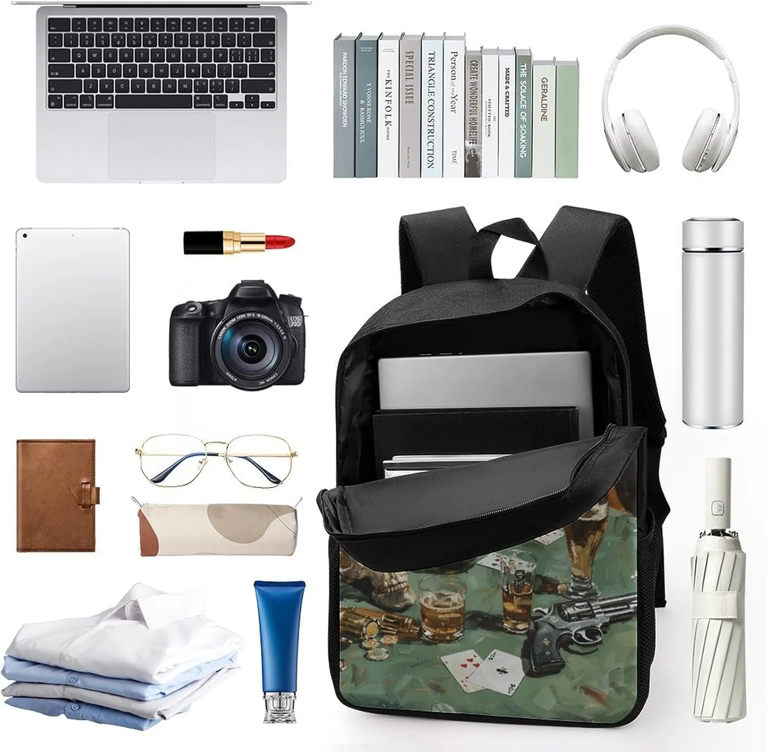Pistol And Cards Lightweight Backpack Casual Carry On Laptop Backpack,Hiking Bag for Camping Sports Work