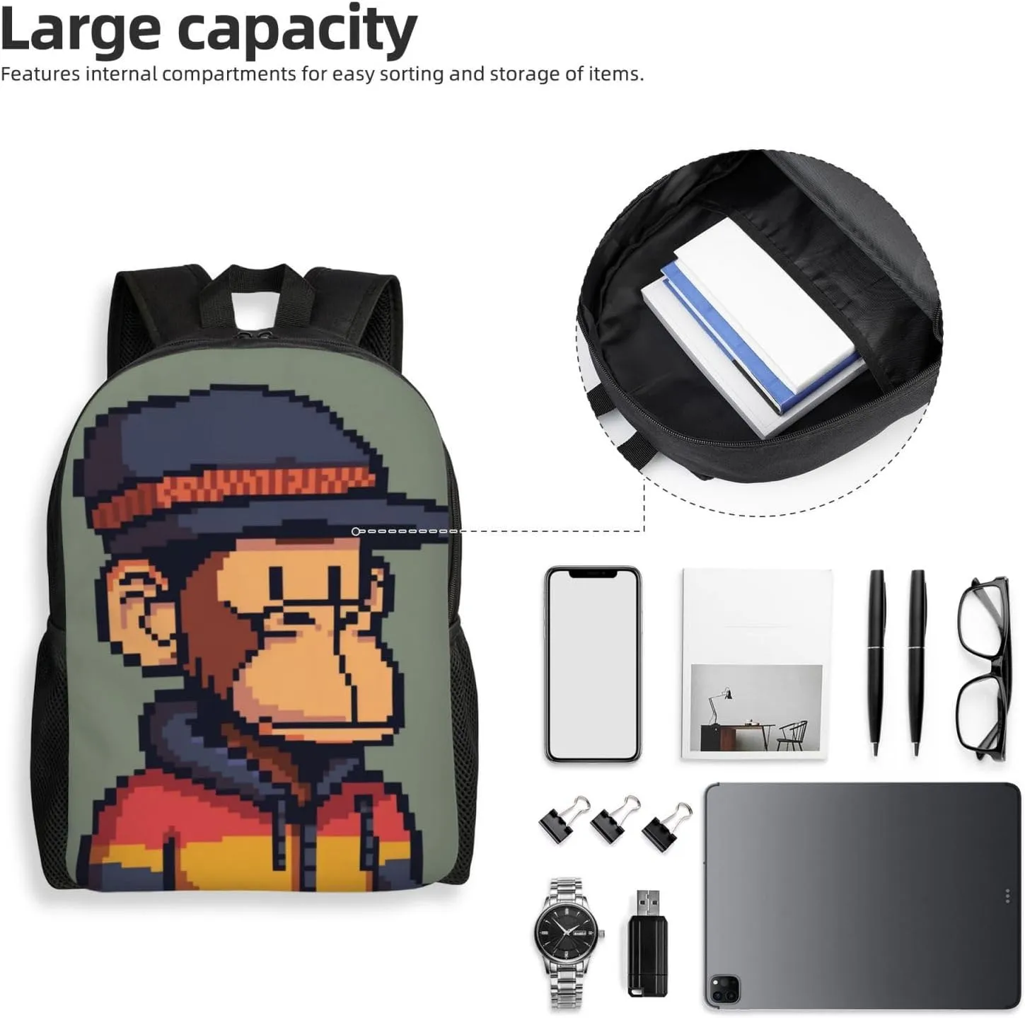 Pixel Monkey Backpack Waterproof Anti Theft Durable Light Laptop Bag Backpacks For Women Men Travel Gym Backpack