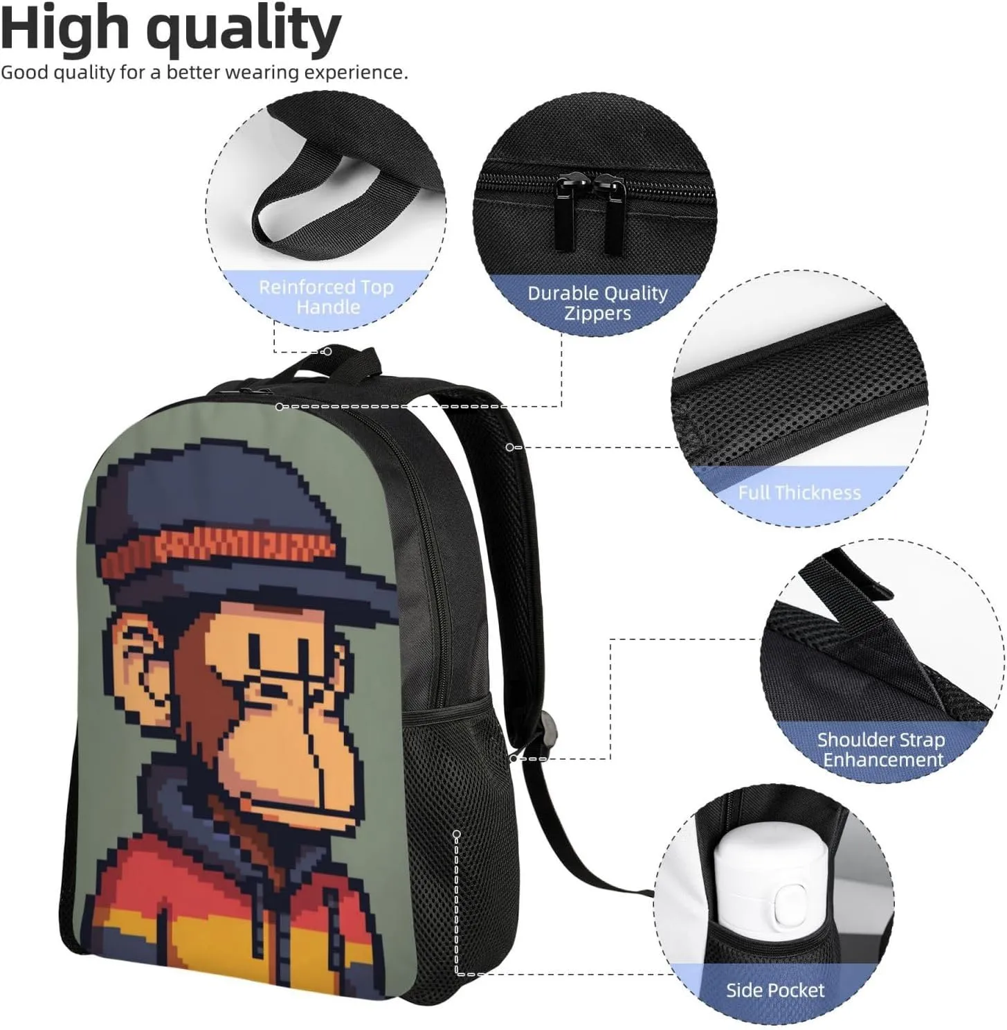 Pixel Monkey Backpack Waterproof Anti Theft Durable Light Laptop Bag Backpacks For Women Men Travel Gym Backpack