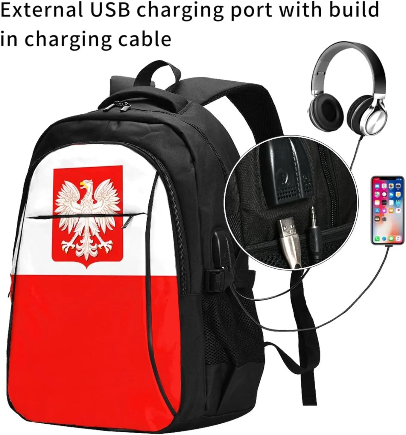 Polish Flag Poland Polska Eagle Casual Travel Backpacks Hiking Camping Backpack Large Outdoor Sport Daypack Laptop Rucksack Climbing Working Bags with USB Port