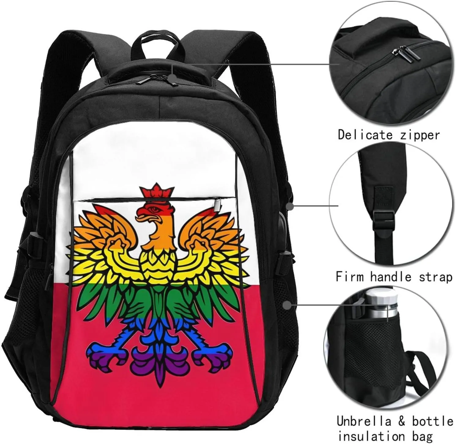 Polish Flag Poland Polska Eagle Casual Travel Backpacks Hiking Camping Backpack Large Outdoor Sport Daypack Laptop Rucksack Climbing Working Bags with USB Port