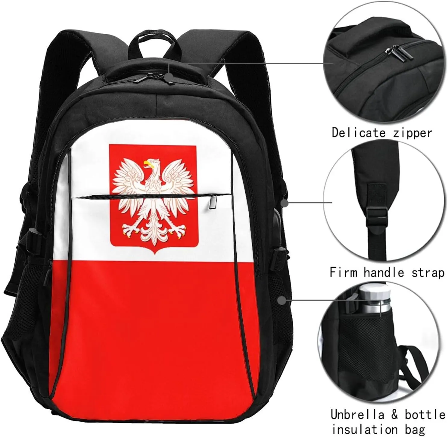 Polish Flag Poland Polska Eagle Casual Travel Backpacks Hiking Camping Backpack Large Outdoor Sport Daypack Laptop Rucksack Climbing Working Bags with USB Port