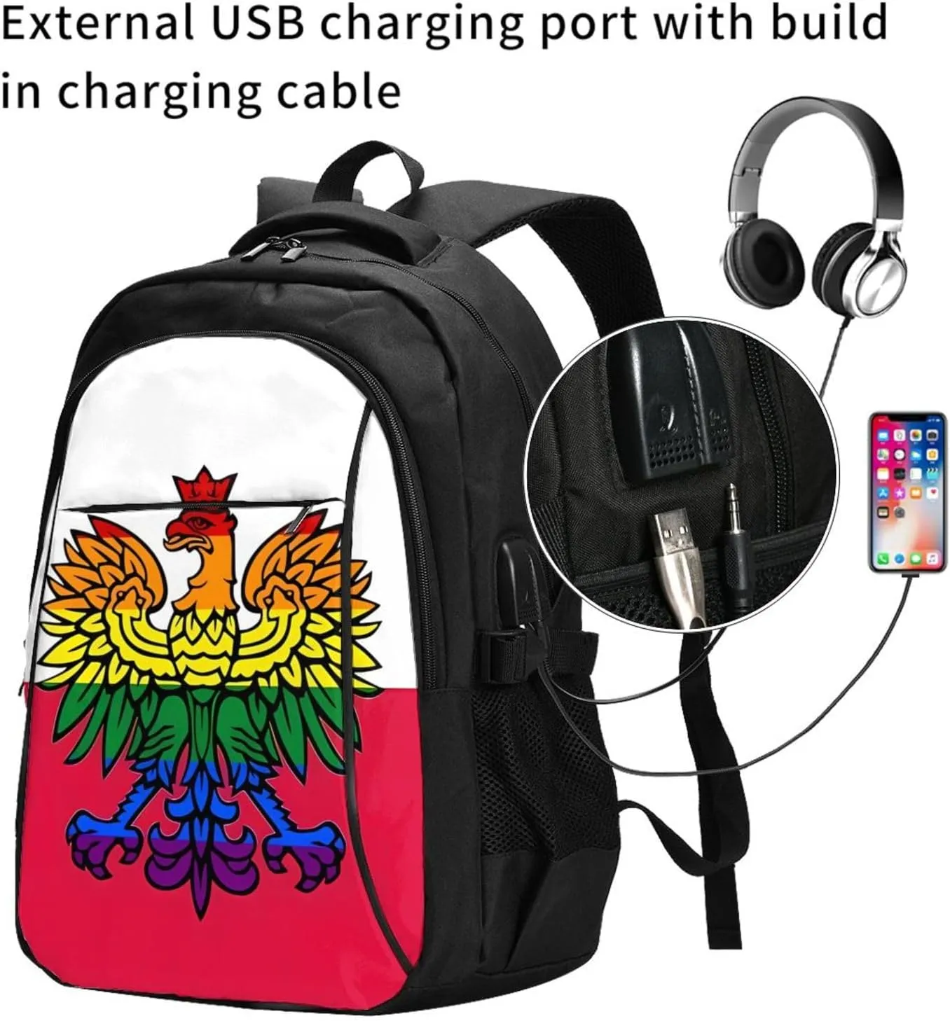 Polish Flag Poland Polska Eagle Casual Travel Backpacks Hiking Camping Backpack Large Outdoor Sport Daypack Laptop Rucksack Climbing Working Bags with USB Port