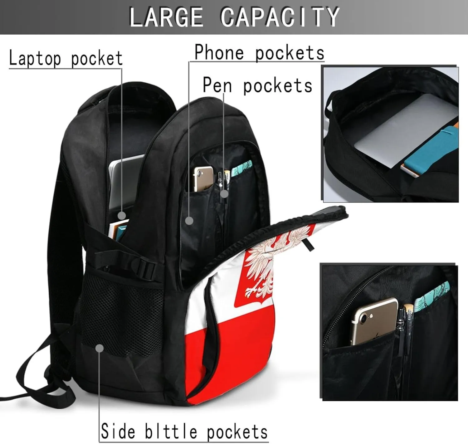 Polish Flag Poland Polska Eagle Casual Travel Backpacks Hiking Camping Backpack Large Outdoor Sport Daypack Laptop Rucksack Climbing Working Bags with USB Port