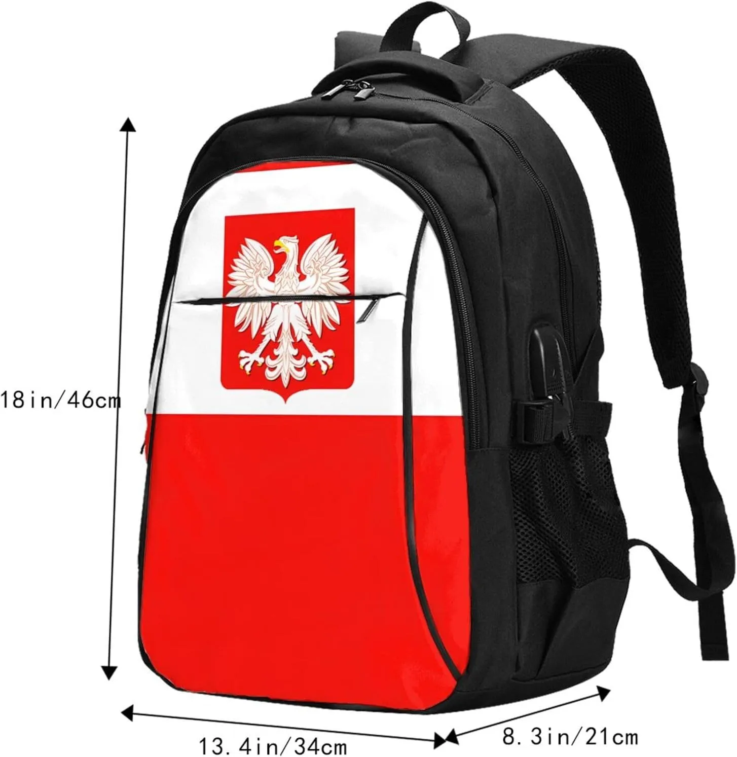 Polish Flag Poland Polska Eagle Casual Travel Backpacks Hiking Camping Backpack Large Outdoor Sport Daypack Laptop Rucksack Climbing Working Bags with USB Port