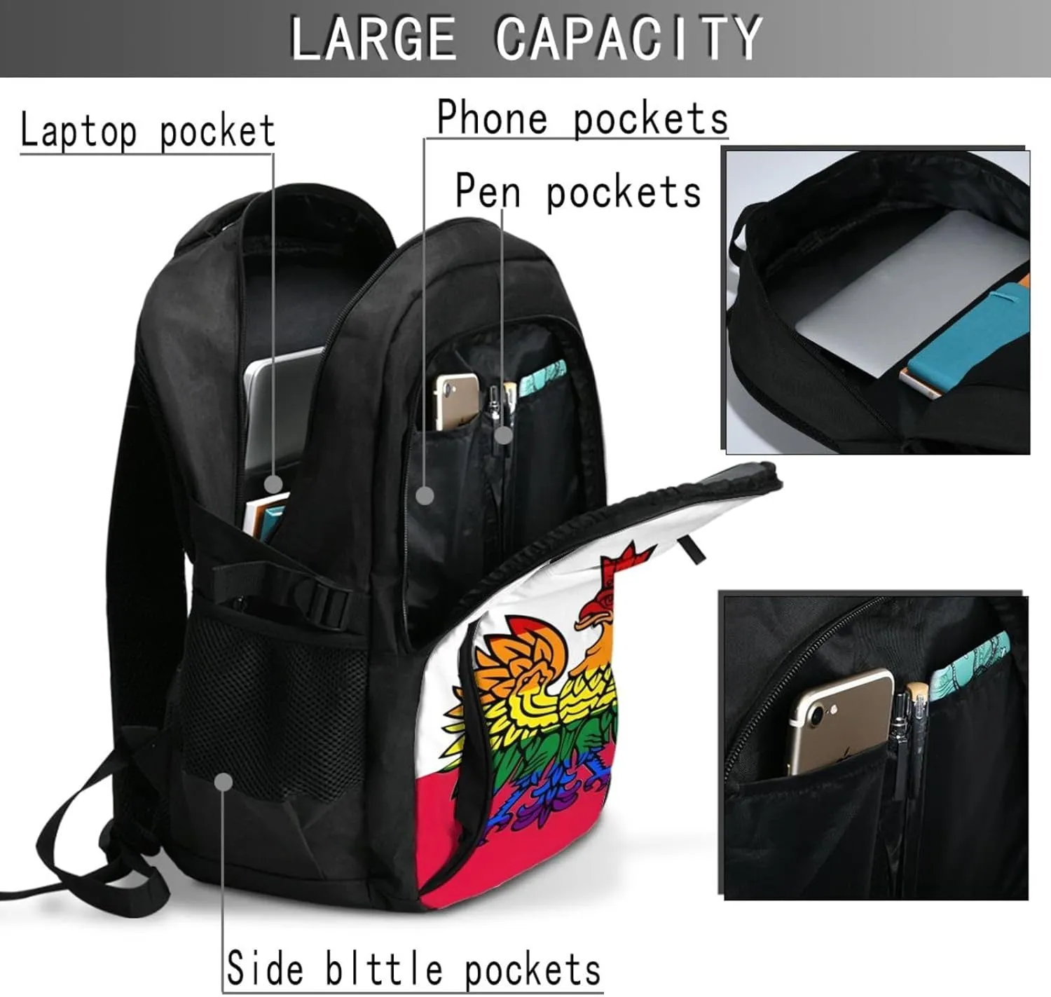 Polish Flag Poland Polska Eagle Casual Travel Backpacks Hiking Camping Backpack Large Outdoor Sport Daypack Laptop Rucksack Climbing Working Bags with USB Port
