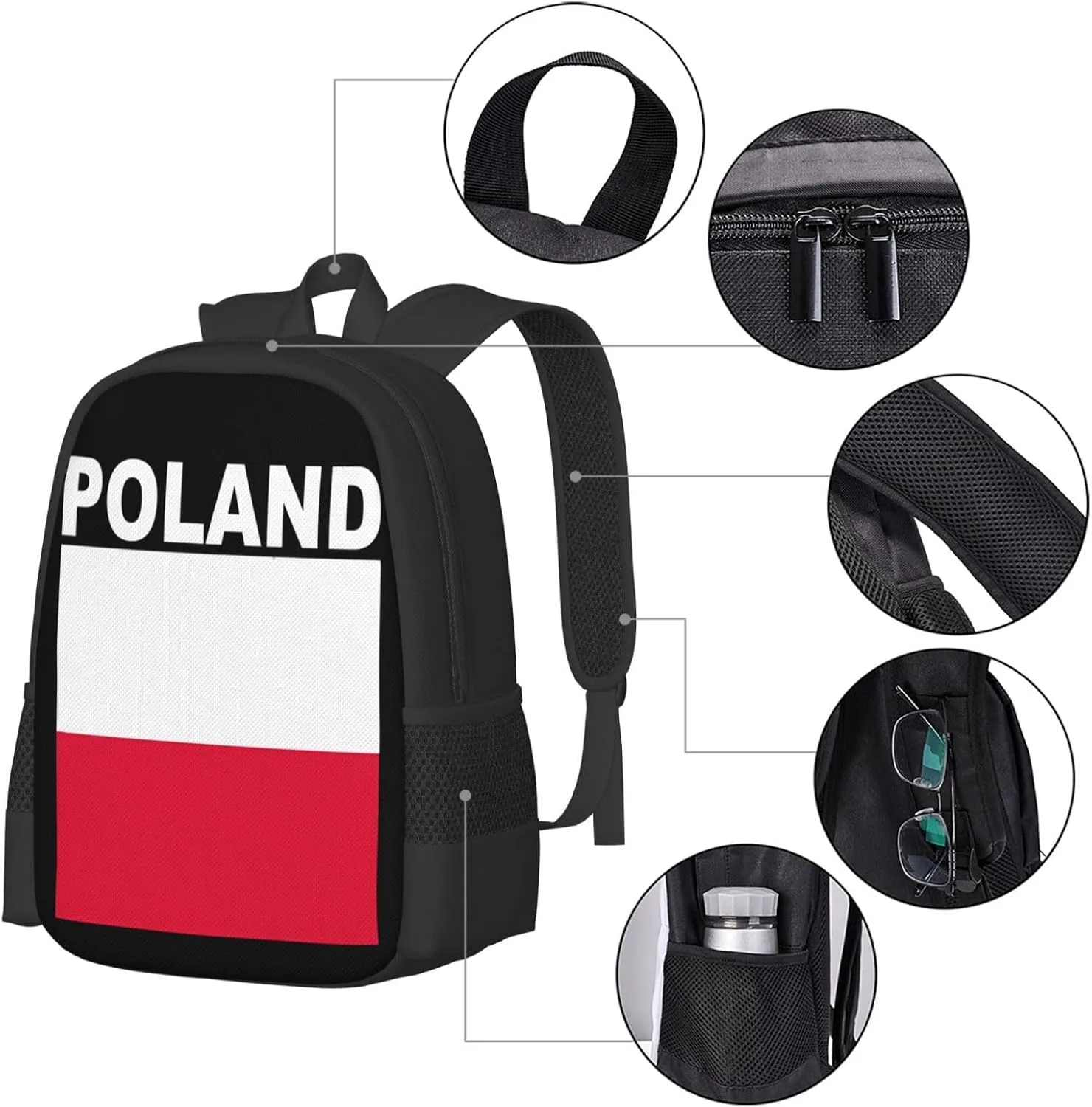 Polish Flag Poland Polska Flags Casual Backpacks Large Capacity Backpack Laptop Rucksack Sport Daypack Commuter Bags with Adjustable Strap for Traveling Camping
