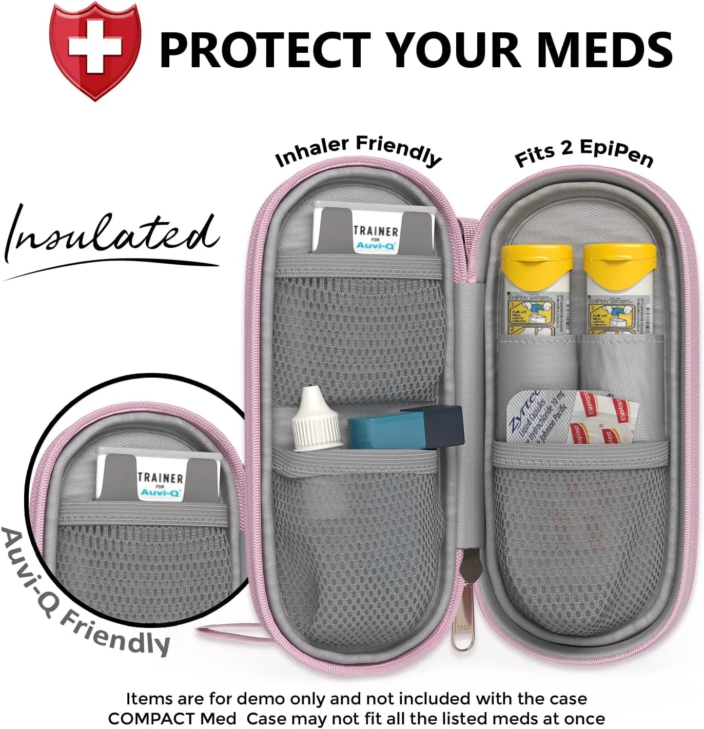 PracMedic Bags EpiPen Carry Case- Insulated Compact Epi Pens Carrying Case holds 2 Epipens or Auvi-Q, Inhaler, Antihistamine Meds for Immediate Access to Allergy Medications During Emergencies (Pink)