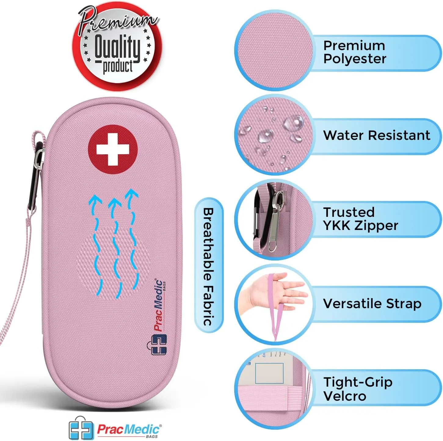 PracMedic Bags EpiPen Carry Case- Insulated Compact Epi Pens Carrying Case holds 2 Epipens or Auvi-Q, Inhaler, Antihistamine Meds for Immediate Access to Allergy Medications During Emergencies (Pink)