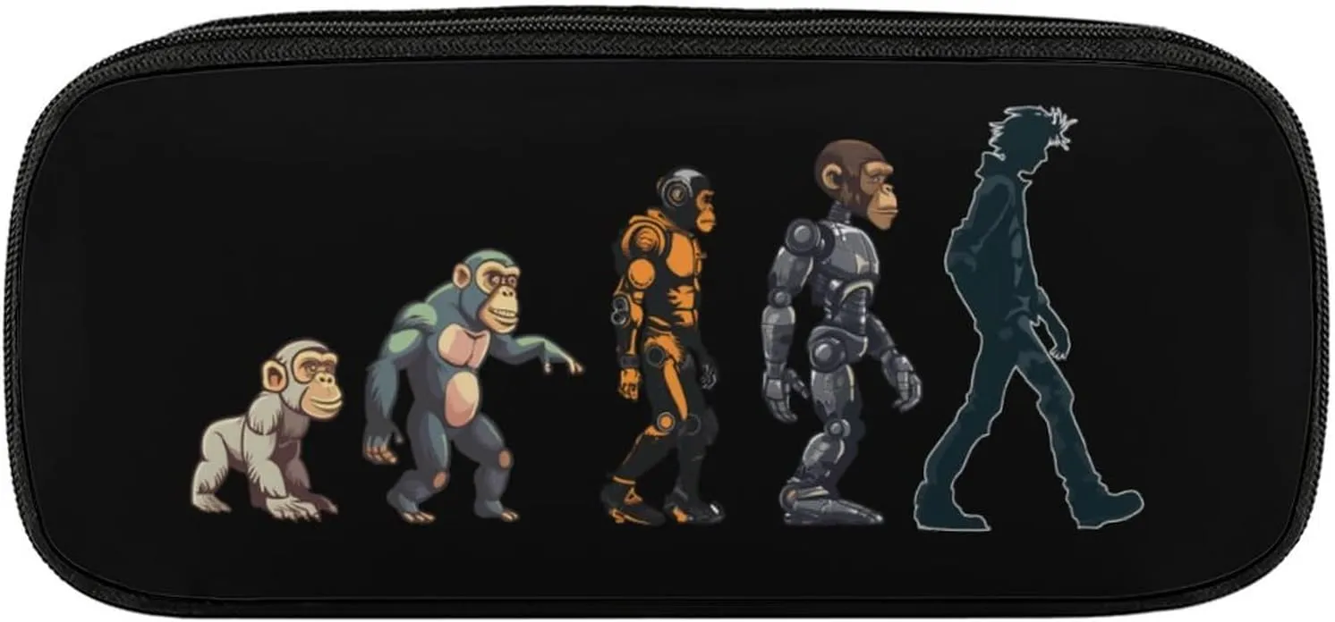 Prehistoric Ape Robot to Man Evolution Pencil Case PU Leather Pencil Pouch Makeups Bag Organizer Storage for Home Office Travel