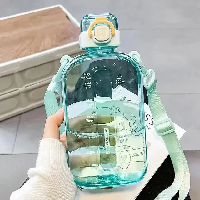 Premium Transparent Water Bottle – 750ML Portable Travel Canteen with Adjustable Strap – Elegant Slim Design for Sports, Camping & Outdoor Activities – Time & Volume Markers, Silicone Straw
