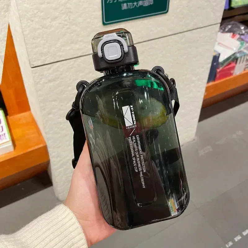 Premium Transparent Water Bottle – 750ML Portable Travel Canteen with Adjustable Strap – Elegant Slim Design for Sports, Camping & Outdoor Activities – Time & Volume Markers, Silicone Straw
