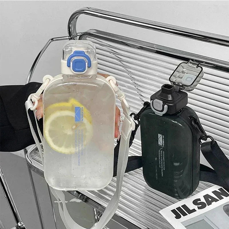 Premium Transparent Water Bottle – 750ML Portable Travel Canteen with Adjustable Strap – Elegant Slim Design for Sports, Camping & Outdoor Activities – Time & Volume Markers, Silicone Straw