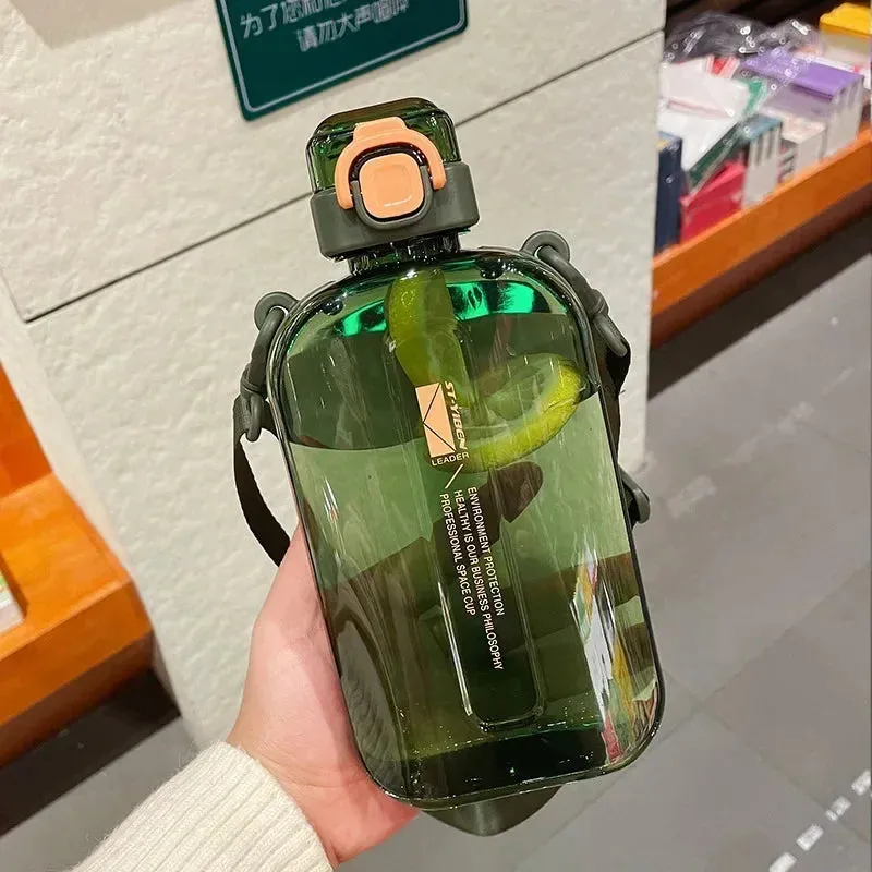 Premium Transparent Water Bottle – 750ML Portable Travel Canteen with Adjustable Strap – Elegant Slim Design for Sports, Camping & Outdoor Activities – Time & Volume Markers, Silicone Straw