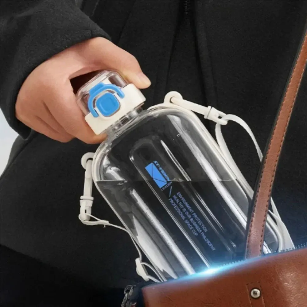 Premium Transparent Water Bottle – 750ML Portable Travel Canteen with Adjustable Strap – Elegant Slim Design for Sports, Camping & Outdoor Activities – Time & Volume Markers, Silicone Straw