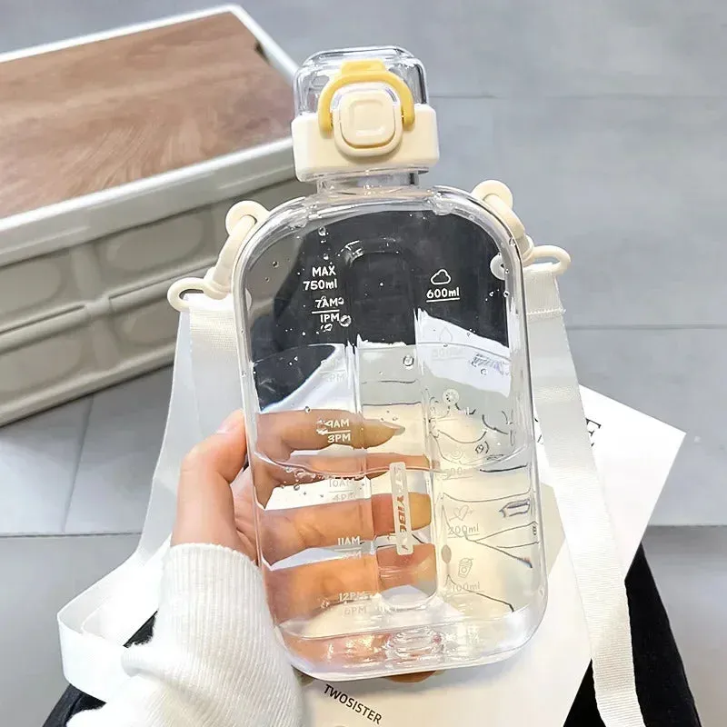 Premium Transparent Water Bottle – 750ML Portable Travel Canteen with Adjustable Strap – Elegant Slim Design for Sports, Camping & Outdoor Activities – Time & Volume Markers, Silicone Straw