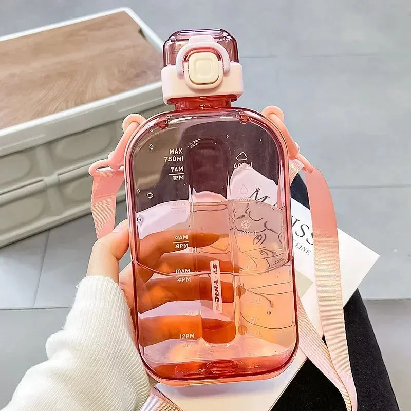 Premium Transparent Water Bottle – 750ML Portable Travel Canteen with Adjustable Strap – Elegant Slim Design for Sports, Camping & Outdoor Activities – Time & Volume Markers, Silicone Straw