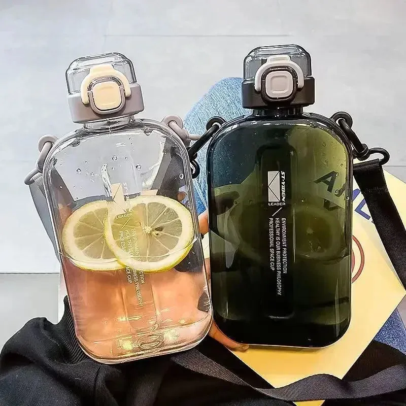 Premium Transparent Water Bottle – 750ML Portable Travel Canteen with Adjustable Strap – Elegant Slim Design for Sports, Camping & Outdoor Activities – Time & Volume Markers, Silicone Straw
