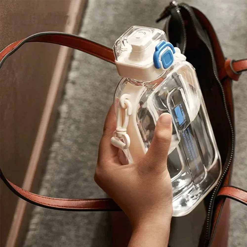 Premium Transparent Water Bottle – 750ML Portable Travel Canteen with Adjustable Strap – Elegant Slim Design for Sports, Camping & Outdoor Activities – Time & Volume Markers, Silicone Straw